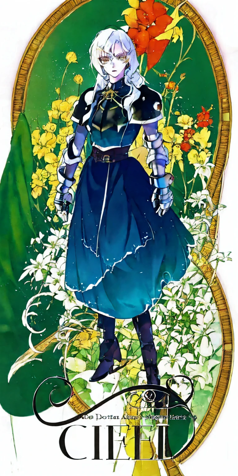 masterpiece, best quality, high quality, white SKIN elf, long hair, white hair, yellow eyes, full body, def_effie, blue breastplate, white skin, looking at viewer, shiny, armor, thigh highs, high boots, shoulder armor, faulds, poleyn, gloves, gauntlets