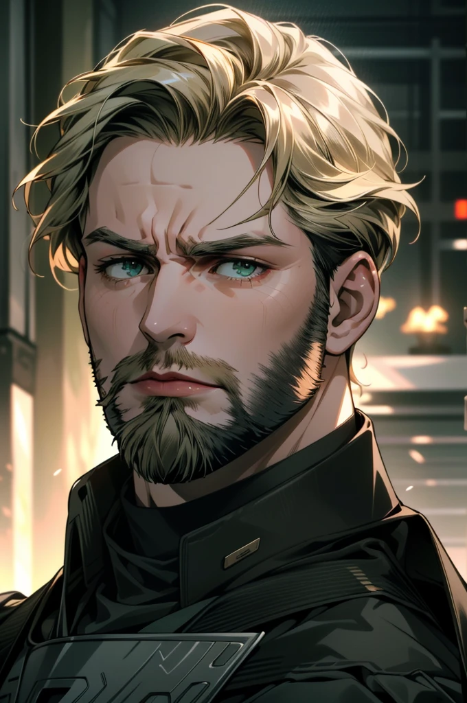 ((ultra detailed, masterpiece, absurdres))
MCAmerica, 1men, short hair, blonde hair, beard green eyes, Looking away with a pensive,furious mood,dark clothes,