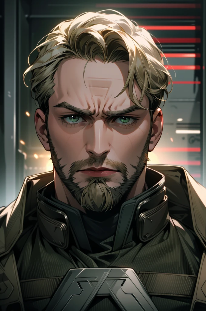 ((ultra detailed, masterpiece, absurdres))
MCAmerica, 1men, short hair, blonde hair, beard green eyes, Looking away with a pensive,furious mood,dark clothes,