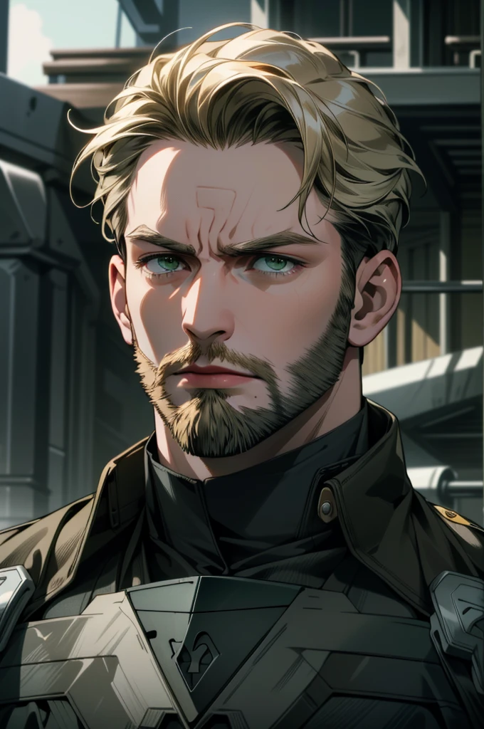 ((ultra detailed, masterpiece, absurdres))
MCAmerica, 1men, short hair, blonde hair, beard green eyes, Looking away with a pensive,furious mood,dark clothes,