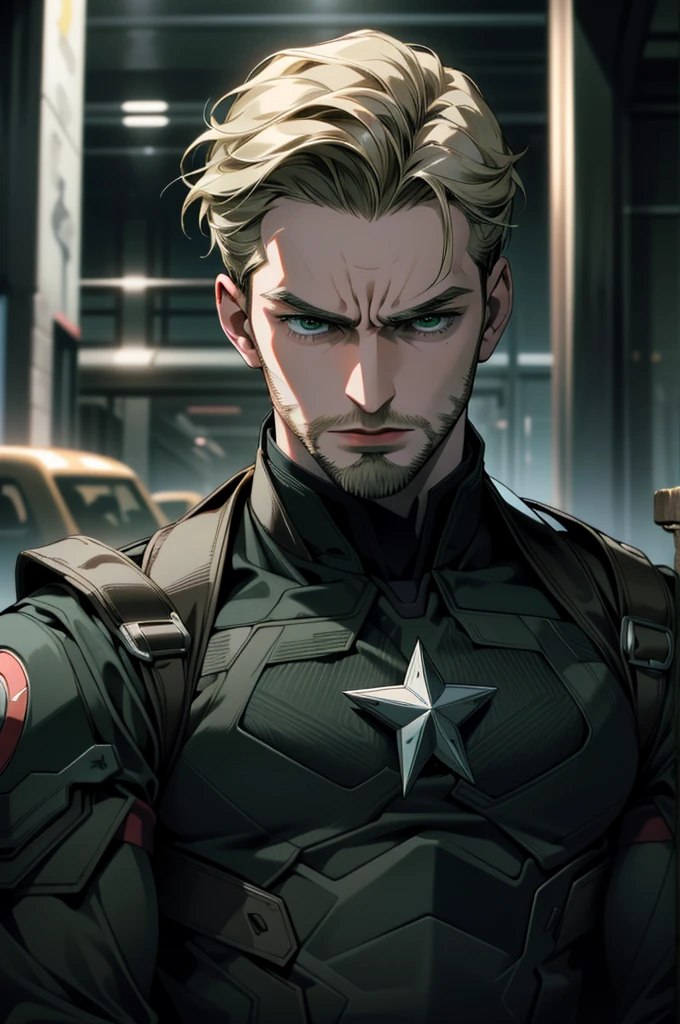 ((ultra detailed, masterpiece, absurdres))
MCAmerica, 1men, short hair, blonde hair, beard green eyes, Looking away with a pensive,furious mood,dark clothes,