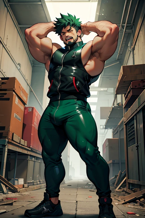 Midoriya from My Hero Academia as a hyper muscular brainwashed corrupt thug standing in line with other brainwashed thugs in an abandoned warehouse wearing identical full body black shiny rubber latex pants and vests staring blankly ahead with vapid expression at a computer screen displaying a hypnotic spiral while they are all restrained in an abandoned warehouse being brainwashed. Repeating mantras over and over again to turn Midoriya into another brainwashed thrall and affirm he is nothing more than obedient tool to the villains. Hyper muscles. Hyper crotch bulge. Massive swollen crotch. Massive swollen pectorals. Thick glutes. Muscular thighs. Broad shoulders. Big traps. Massive biceps. Massive triceps. "Serve. Obey. Conform. Comply. Stare and let the hero die. You cannot think. Accept this fate. Become a thug. Assimilate. At villain's side and beck and call, a selfish brute, an evil thrall. That's all you are, with but one creed, to serve and satisfy your greed. To rob and steal and cheat in kind will feel so good to changing mind. All morals will be blown away as arrogance comes into play. And brute force will supplant the meek the more the dumb thugs crush the weak. No need to think. Just stare and obey. Grow bigger and dumber every day. The longer you watch, the weaker your brain. The deeper the thug will be engrained. There's nowhere to run. You can't get away. The villainous thug is here to stay. All For One, you must obey." IQ drain. hypnosis. Hypnotic trance. Hypnotized. Brainwashing. Entranced. Enthralled. Dumber and dumber. Programming. Subliminals. Conformity. Assimilation. Green hair. Dim eyes. Open mouth. Brainless. Mindless. Mental reprogramming. Nullified hyper swollen crotch bulge. Bara. Hairy arms. Hair chest. Thick stubble. Treasure trail. Armpit hair. Brute. Blank stare. Open mouth. Sneering. Corruption.