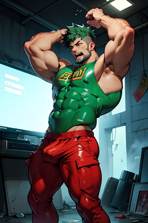 Midoriya from My Hero Academia as a hyper muscular brainwashed corrupt thug standing in line with other brainwashed thugs in an abandoned warehouse wearing identical full body black shiny rubber latex pants and vests staring blankly ahead with vapid expression at a computer screen displaying a hypnotic spiral while they are all restrained in an abandoned warehouse being brainwashed. Repeating mantras over and over again to turn Midoriya into another brainwashed thrall and affirm he is nothing more than obedient tool to the villains. Hyper muscles. Hyper crotch bulge. Massive swollen crotch. Massive swollen pectorals. Thick glutes. Muscular thighs. Broad shoulders. Big traps. Massive biceps. Massive triceps. "Serve. Obey. Conform. Comply. Stare and let the hero die. You cannot think. Accept this fate. Become a thug. Assimilate. At villain's side and beck and call, a selfish brute, an evil thrall. That's all you are, with but one creed, to serve and satisfy your greed. To rob and steal and cheat in kind will feel so good to changing mind. All morals will be blown away as arrogance comes into play. And brute force will supplant the meek the more the dumb thugs crush the weak. No need to think. Just stare and obey. Grow bigger and dumber every day. The longer you watch, the weaker your brain. The deeper the thug will be engrained. There's nowhere to run. You can't get away. The villainous thug is here to stay. All For One, you must obey." IQ drain. hypnosis. Hypnotic trance. Hypnotized. Brainwashing. Entranced. Enthralled. Dumber and dumber. Programming. Subliminals. Conformity. Assimilation. Green hair. Dim eyes. Open mouth. Brainless. Mindless. Mental reprogramming. Nullified hyper swollen crotch bulge. Bara. Hairy arms. Hair chest. Thick stubble. Treasure trail. Armpit hair. Brute. Blank stare. Open mouth. Sneering. Corruption.