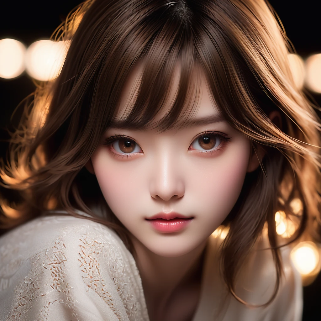 Meticulous, analog style, focus on the eyes, highest quality, (highly detailed skin), photo of very handsome pale skin Japane donghua girl, 21 years old, (brown hair), perfect face, pore skin, (penetration:0.5), black background, (bokeh:0.6), sharp focus, grainy lighting, (backlight:0.7), film grain, photographed with Sony A7R IV camera, 18mm F/1.7 cine lens, (highly detailed, intricate detail), 8k, HDR, front view, (upper body: 0.9)