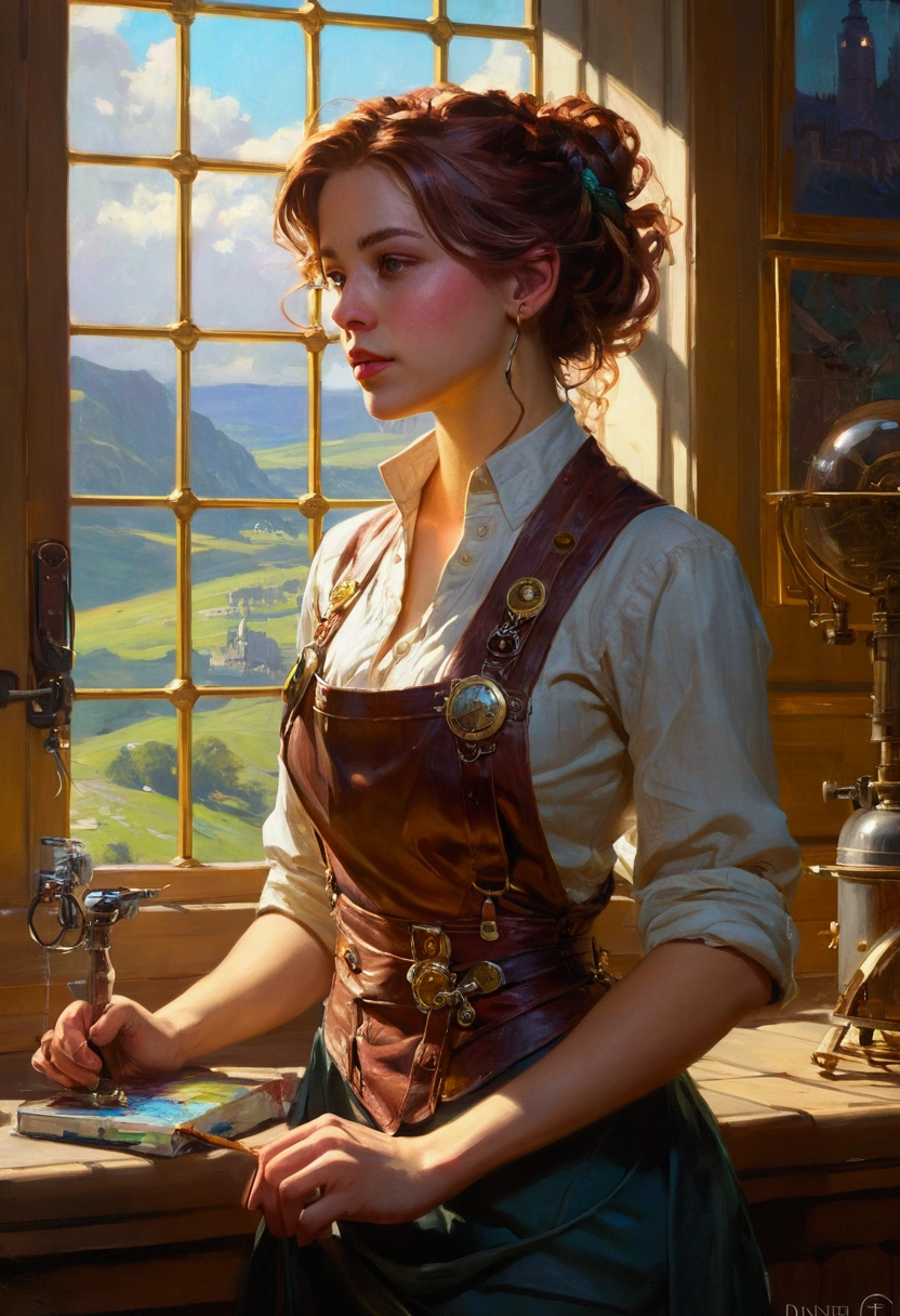 , airy, sci-fi, steam punk, very detailed, realistic, figurative painter, fine art, Oil painting on canvas, beautiful painting by Daniel F Gerhartz, Trending on artstation, Trending on MidJourney, Award Winning, Timeless art work, Masterpiece, Genius, Worldclass, Extra ordinary, Aesthetic, Beautiful, Stunning, Brilliant, cinematic, Dynamic, Cinematic lighting, inspirational, 4K resolution, 8K resolution, Artstation HD, Artstation HQ, Vivid, Vibrant, Ultra detailed