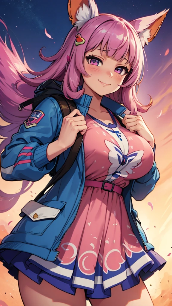 Special_week_(Uma Musume), fudangi, Hair clip, blue jacket, open jacket, printed dress, pink dress, vitriniar, big breasts, High resolution, Upper part of the body, smile, white backpack, Alone, beast quality