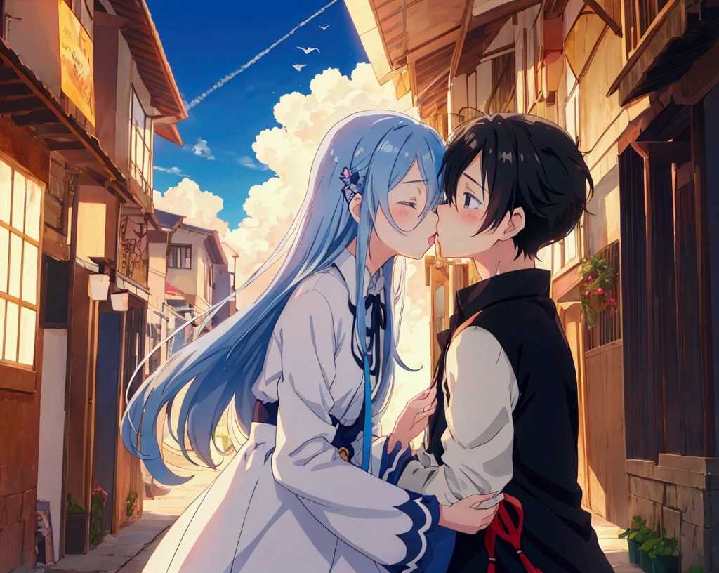 anime, kids, kids cute, couple kissing in the sky with birds flying overhead, kissing together cutely, romanticism lain, shoujo romance, sakimi chan, lovely kiss, kissing together, anime picture, in love, kissing, romantic!!!, anime, re:zero, echidna, subaru, making love, cute anime, beautiful anime, anime!!, anime wallaper, cielo hermoso, lagrimas de felicidad en la niña