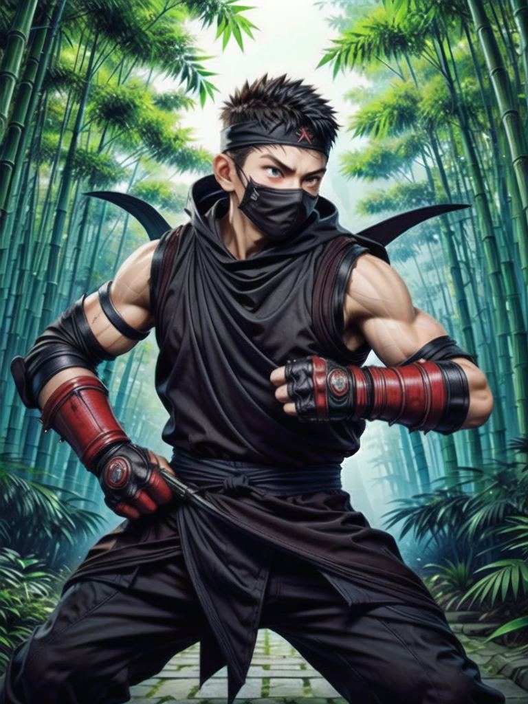 (((Cover your nose and neck with black cloth)))、Japanese men、Crotch bulge、dutch angle、(((fighting stance、battoujutsu stance,weapon)))、((Sleeveless ninja jacket))、(((Ninja Pants)))、(Arm tattoo)、Muscular、(Glowering look、looking at viewer、big eyes、furious)、((Bamboo grove)、sidecut Spiky hair、、((full body))、 Detailed Background, The finer details、Real、3K、Highest quality