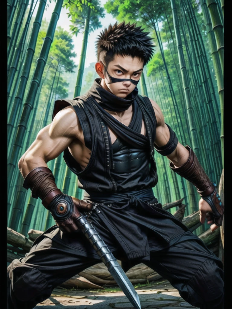 (((Cover your nose and neck with black cloth)))、Japanese men、Crotch bulge、dutch angle、(((fighting stance、battoujutsu stance,weapon)))、((Sleeveless ninja jacket))、(((Ninja Pants)))、（Arm tattoo）、Muscular、(Glowering look、looking at viewer、big eyes、furious)、((Bamboo grove)、sidecut Spiky hair、16 years old、((full body))、 Detailed Background, The finer details、Real、3K、Highest quality