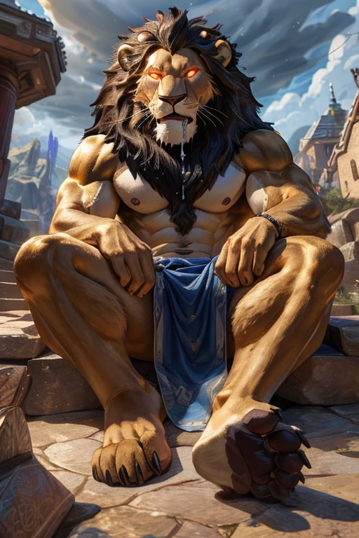 (((Barefoot furry character, full body, cinematic setting, furry male, plantigrade, nice soles, glowing eyes, drooling))) (Zeus - King of the Gods) depicted as a majestic (((lion))) anthro with a muscular build, golden fur, and piercing blue eyes. He wears a regal white toga draped over one shoulder, adorned with thunderbolt motifs. Zeus sitting barefoot atop Mount Olympus, with storm clouds gathering in the background, accompanied by flashes of lightning and crashing thunder. ((His attribute, the thunderbolt)) rests beside him, crackling with power. BREAK, detailed background, 8K, (masterpiece:1.5), intricate details, highly detailed, extreme detail, octane render, fine art, best quality, highres, (detailed face:1.5), ((full_body)), UHD, (((perfect hands))), low light