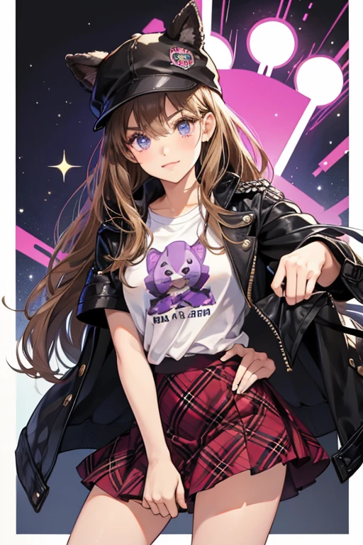 Rebel Dare is the kind of girl you don't want to mess with, because she controls the guest list. She has long, brunette hair and printed face and clothing details. She has a rock star look with tour t-shirt and faux leather skirt and plaid jacket. She also has a fuzzy dog hat and edgy, purple boots. Printed details include her cute Doberman socks. SPARKLE; GLITTER