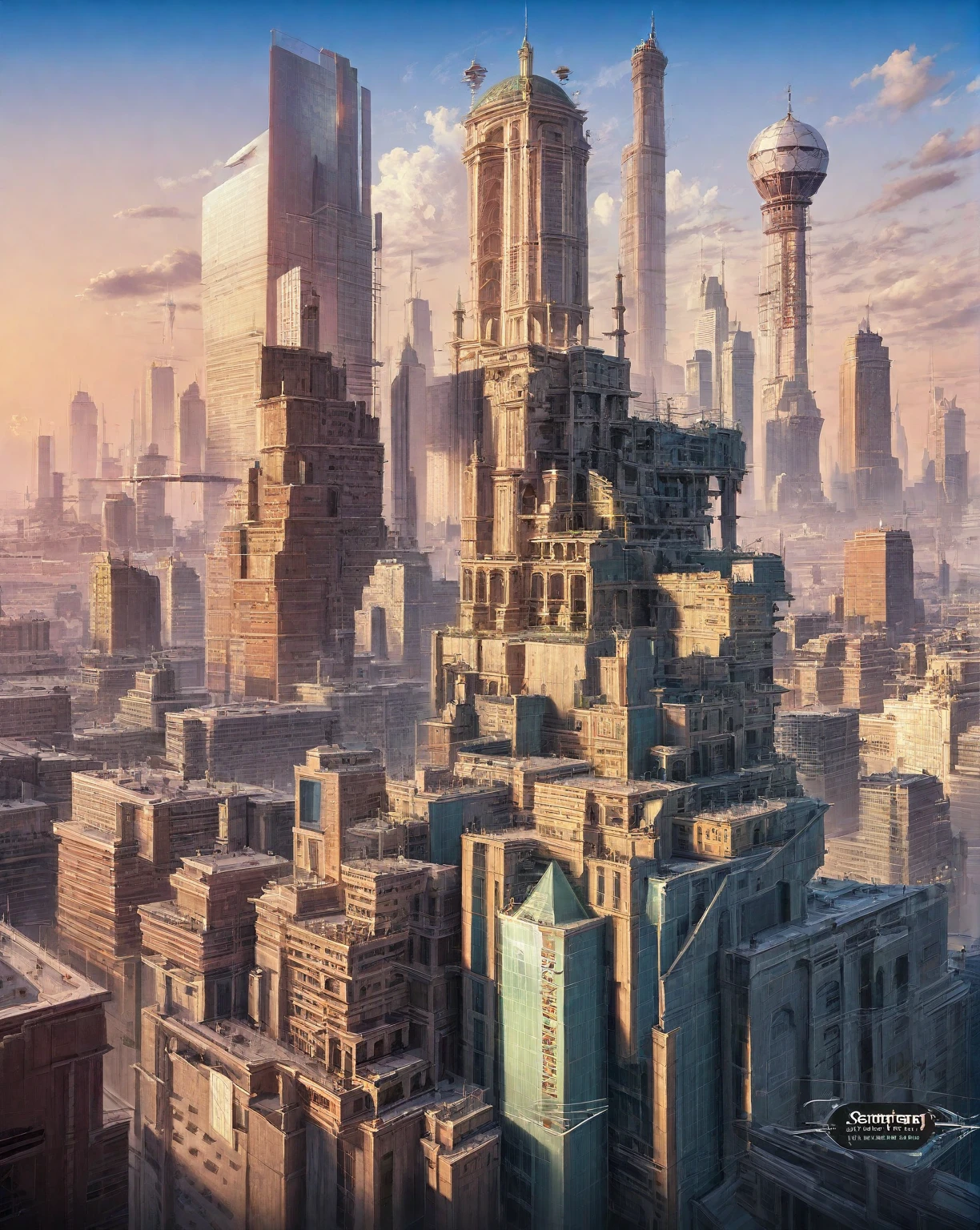 there is a drawing of a city with a clock tower, insanely highly detailed artwork, realistic painting of a complex, complex layered composition!!, expansive detailed layered city, realistic intricate concept art, big and structured valhalla city, multi layered huge architectures, insanely detailed art, atelier olschinsky, intricate cyberpunk city, intricate matte painting, intricate concept art