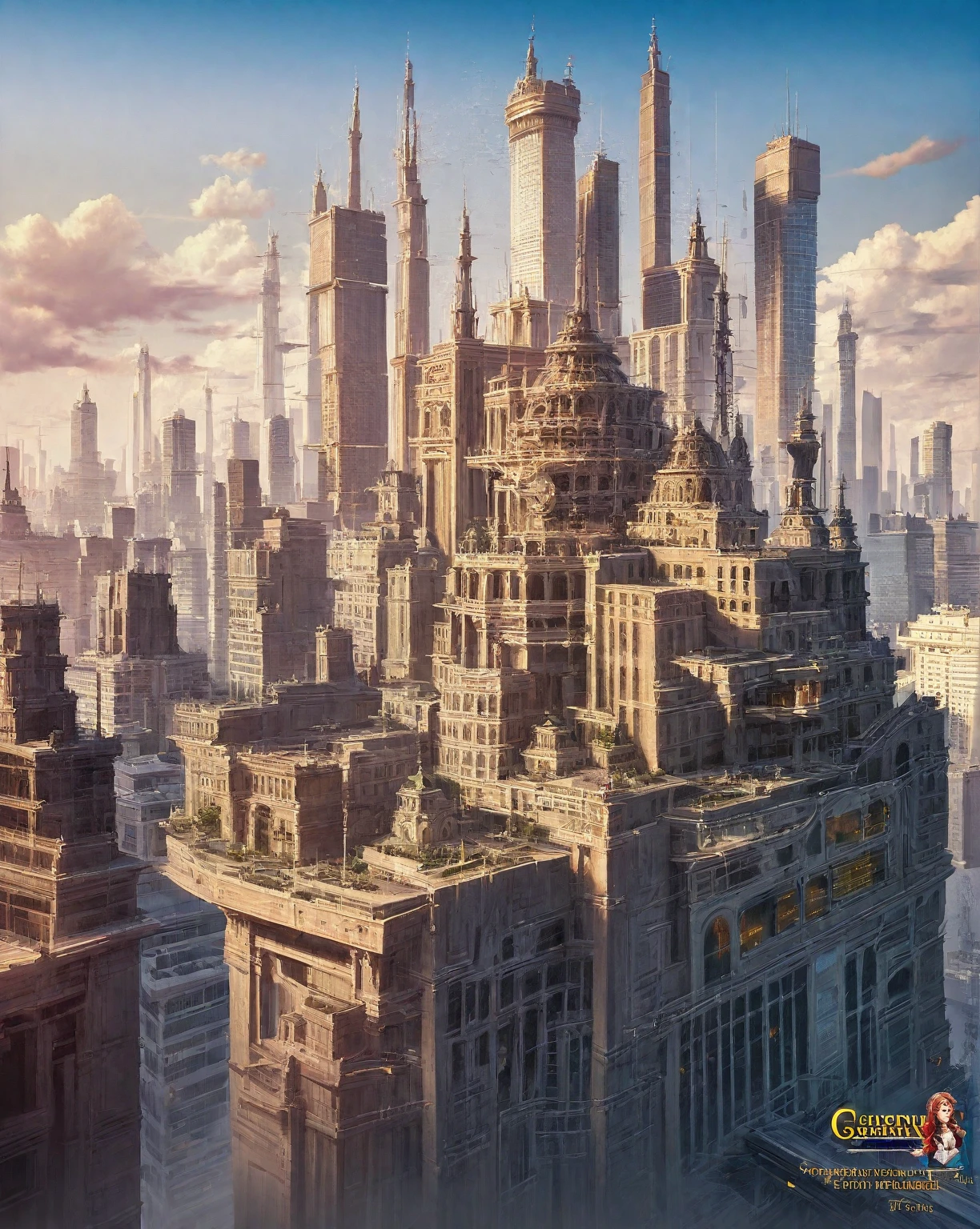 there is a drawing of a city with a clock tower, insanely highly detailed artwork, realistic painting of a complex, complex layered composition!!, expansive detailed layered city, realistic intricate concept art, big and structured valhalla city, multi layered huge architectures, insanely detailed art, atelier olschinsky, intricate cyberpunk city, intricate matte painting, intricate concept art