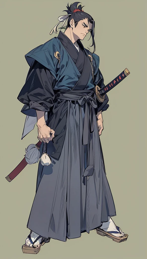 in yusuke murata style, Hold the pose, but draw with flat colors, cel shading, limited color palette and simplified lighting. Musashi Miyamoto, I ran, katana in sheath, samurai hair, serious face.