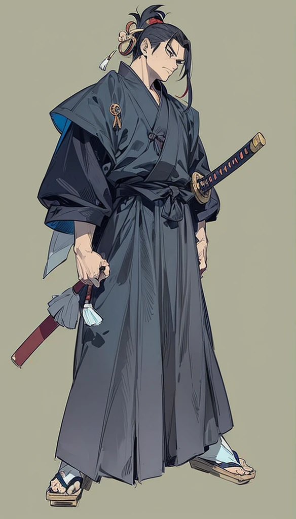 in yusuke murata style, Hold the pose, but draw with flat colors, cel shading, limited color palette and simplified lighting. Musashi Miyamoto, I ran, katana in sheath, samurai hair, serious face.