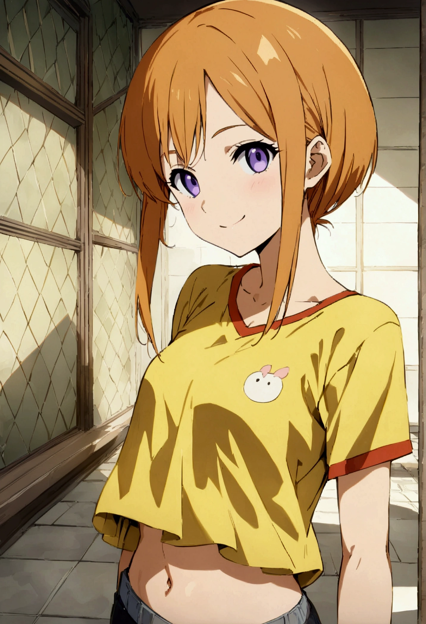 score_9, score_8_up, score_7_up, (best quality, masterpiece),perfect anatomy,aesthetic,very aesthetic,official style, ultra-high resolution,source_anime.1girl, elpeo puru, gundam,reen shirt, honeycomb \(pattern\), honeycomb background, looking at viewer, orange hair, pavement, purple eyes,, short hair, short sleeves, sidelocks,navel,silk, smile, solo, tile floor, tile wall, tiles, upper body, wall,short yellow shirt, Eizan Kikukawa, cel shading