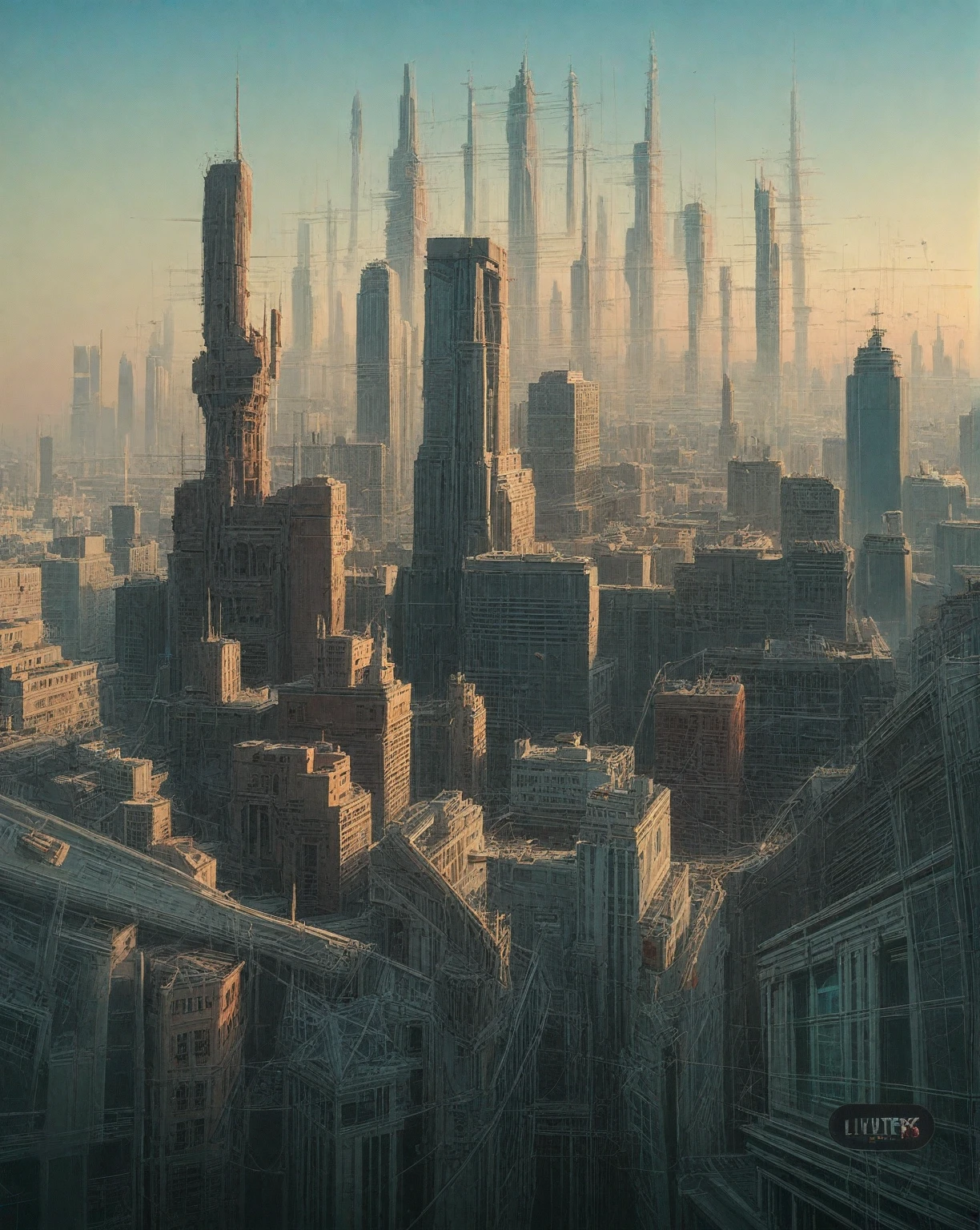 there is a drawing of a city with a clock tower, insanely highly detailed artwork, realistic painting of a complex, complex layered composition!!, expansive detailed layered city, realistic intricate concept art, big and structured valhalla city, multi layered huge architectures, insanely detailed art, atelier olschinsky, intricate cyberpunk city, intricate matte painting, intricate concept art