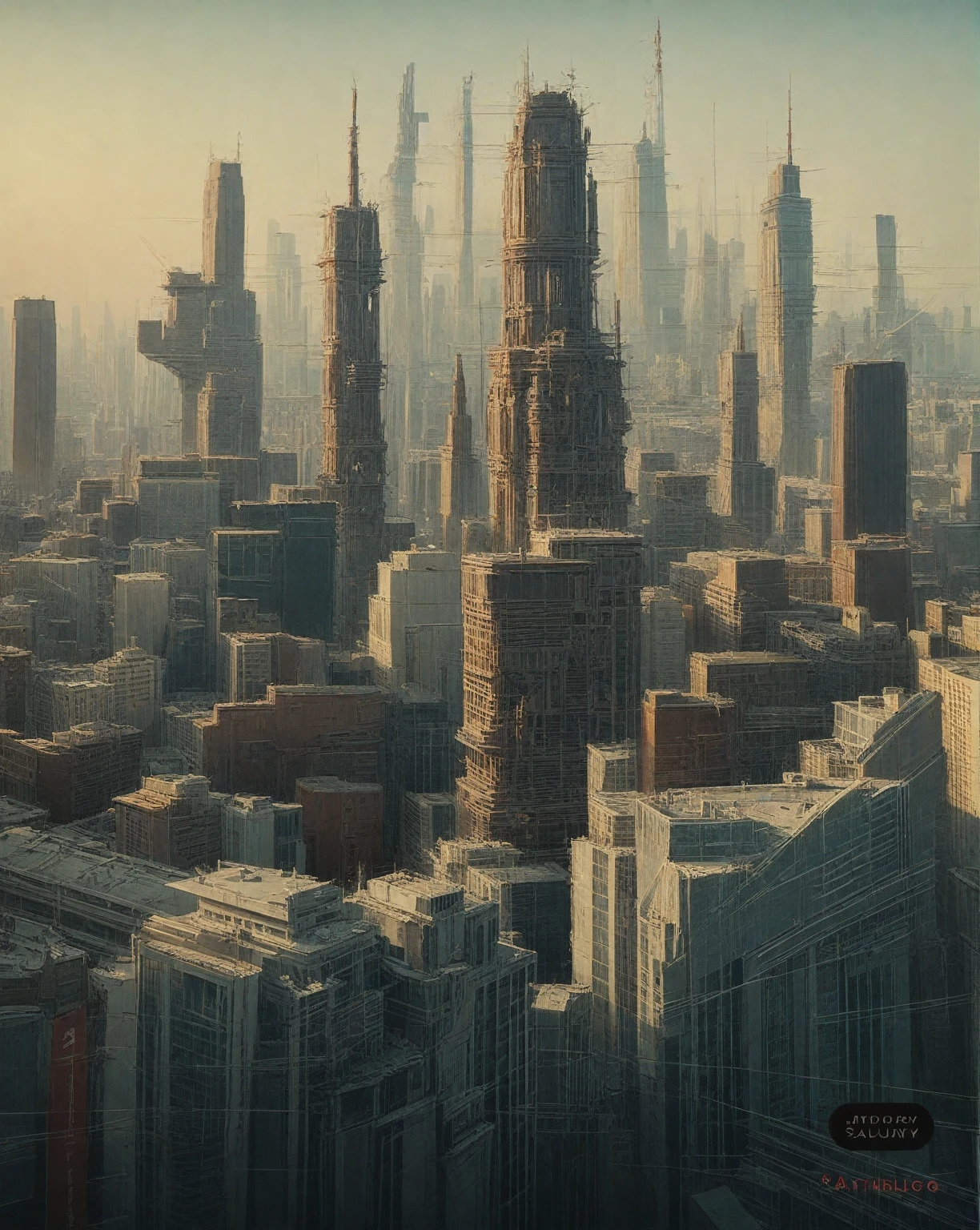 there is a drawing of a city with a clock tower, insanely highly detailed artwork, realistic painting of a complex, complex layered composition!!, expansive detailed layered city, realistic intricate concept art, big and structured valhalla city, multi layered huge architectures, insanely detailed art, atelier olschinsky, intricate cyberpunk city, intricate matte painting, intricate concept art