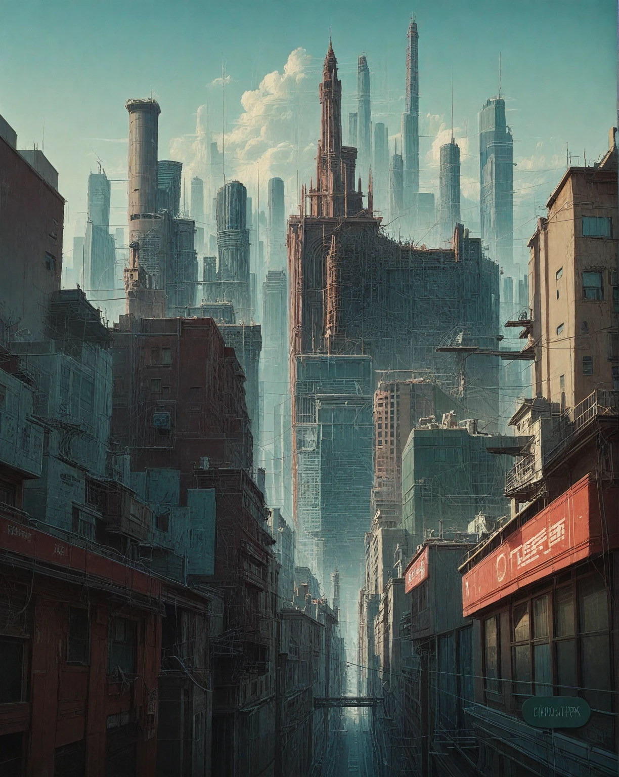 there is a drawing of a city with a clock tower, insanely highly detailed artwork, realistic painting of a complex, complex layered composition!!, expansive detailed layered city, realistic intricate concept art, big and structured valhalla city, multi layered huge architectures, insanely detailed art, atelier olschinsky, intricate cyberpunk city, intricate matte painting, intricate concept art