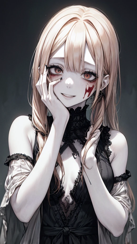 (masterpiece:1.2, Highest quality), (Actual Photos, Intricate details), (1 female, alone,whole body、Small breasts) ,Scary atmosphere、Distorted facial expressions、Blood splatter、Cuts on the face、burns on the face、whole body、Punk Fashion、Long Hair、Long Bangs、Twin tails、Black Hair、(((Dark circles under the eyes)))、Pale skin、Feeling unwell、Pathological、Wicked Smile、Crazy Eyes、(Grin)Dramatic makeup,Create mixed media art、White Background