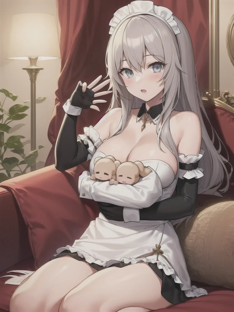 (in hotel, masterpiece, best quality:1.2), maid, 1girl, (holding baby, hold infant), waving hair, ((elbow gloves))
