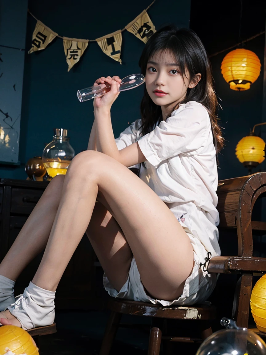 Leila (masterpiece), (best quality), (Extremely detailed),(Messy hair),(illustration), (1girl), Beautiful and delicate eyes,Delicate and beautiful face,Floating,(high saturation),(Colorful splash),Colorful bubbles,(shining),Focus on the face, sitting inside a glass ball, g;ass cage, golden stars and lanterns