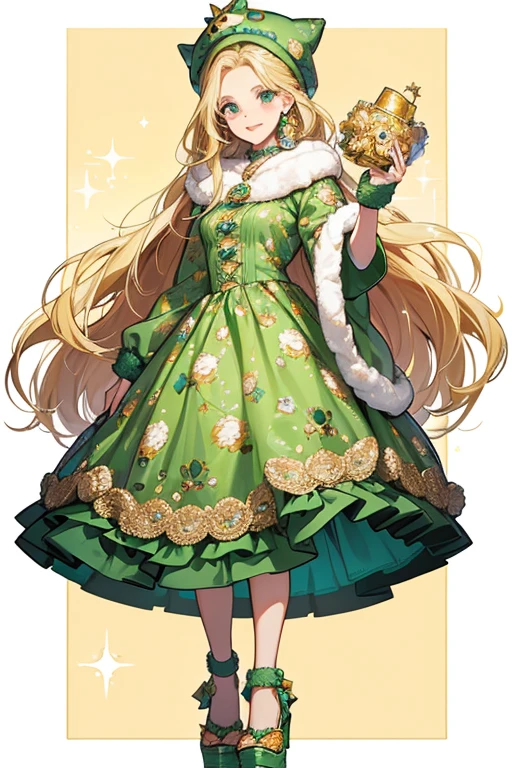 Carmen Linda knows that fabulous is a state of mind. She has long, blonde hair and printed face and clothing details. She has a glamorous, money-print green dress and fuzzy, fur wrap. She also has a fuzzy puppy hat and cute platform shoes. Printed details include sparkling gold jewelry. SPARKLE; GLITTER