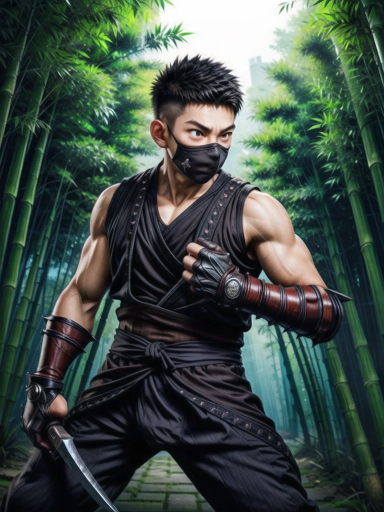 (((Cover your nose and neck with black cloth)))、Japanese men、Crotch bulge、dutch angle、(((fighting stance、battoujutsu stance,weapon)))、((Sleeveless ninja jacket))、(((Ninja Pants)))、（Arm tattoo）、Muscular、(Glowering look、looking at viewer、big eyes、furious)、((Bamboo grove)、sidecut Spiky hair、16 years old、((full body))、 Detailed Background, The finer details、Real、3K、Highest quality