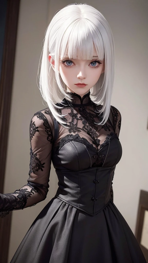 girl with white hair,with bangs, black gloves, gothic,4K, masterpiece, perfect body, stem,perfect eyes, perfect shading, perfect lighting, best quality, work of art, ultra detailed, detailed clothing