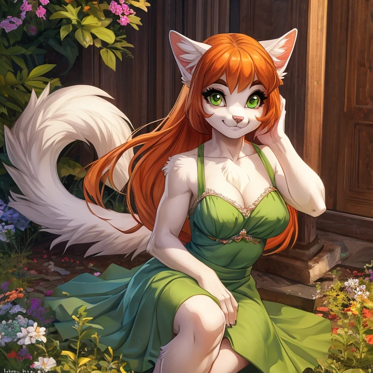 (Solo:1.1), (detailed very fluffy fur:1.1), (feral cat furry:1.4), (perfect breasts:1.1), cute face, adorable, (high quality), detailed face, high resolution, detailed eyes, detailed shadows, beautiful green dress, (high quality), high resolution, (digital painting), (8k), fluffy tail, warm candlelight, dormitory, cosy, (Christina Hendricks:1.4), (fluffy body fur:1.2), ultra detailed eyes, makeup, eyeliner, seductive pose, blushing heavily, high resolution, fine details