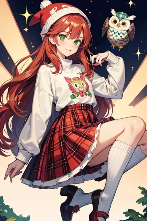 Samantha Smartie is smart, get over it. She has long, red hair and printed face and clothing details. She has cute, style with a plaid dress and sweater. She also has a fuzzy owl hat and cute owl Mary Jane heels. Printed details include knee high white socks with red and green stripes on top. SPARKLE; GLITTER