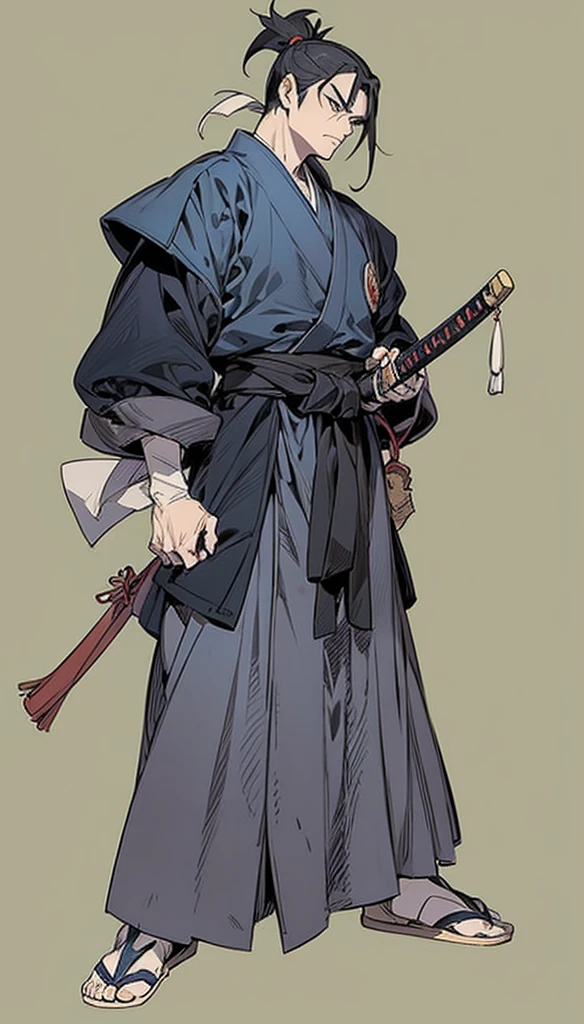 in yusuke murata style, Hold the pose, but draw with flat colors, cel shading, limited color palette and simplified lighting. Musashi Miyamoto, I ran, katana in sheath, samurai hair, serious face.
