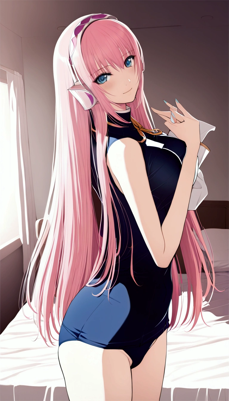 masterpiece ,Megurine Luka,E cup breasts,Pink long hair,blue eyes,School Swimsuit,smile,Bedroom,