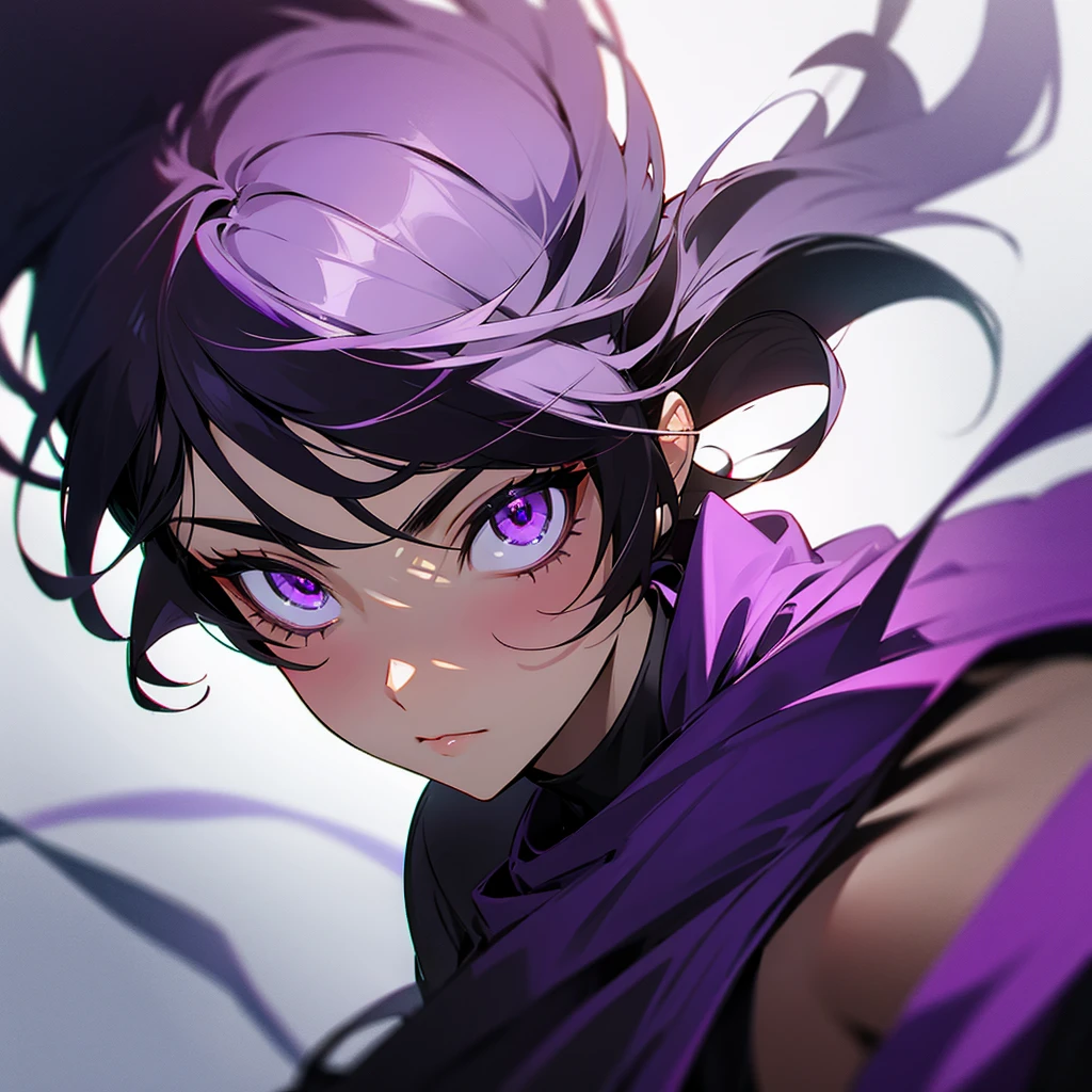 Black hair, purple eyes