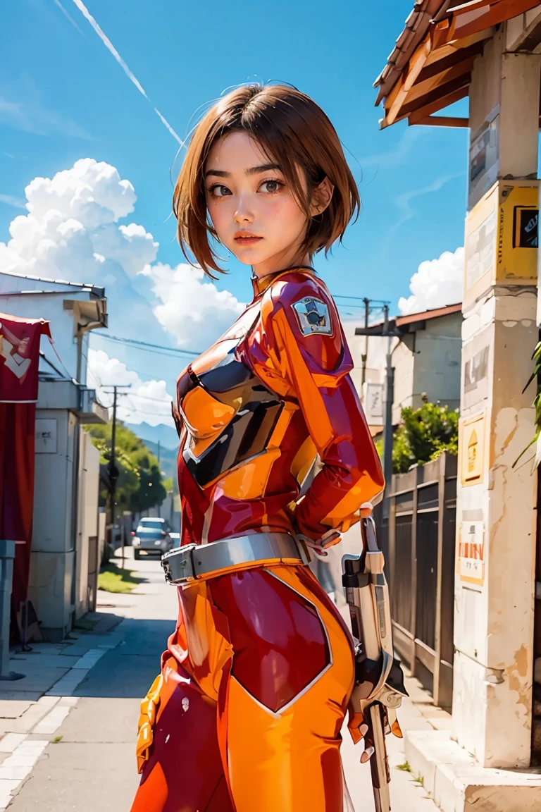  (((blue sky with cloud in background))), Ultraman、realistic、realistic、cinematic lighting, Girl in a shiny red and silver suit、18 years old、professional photo, Japanese model, Japanese cgi、Ultraman Suit、tight and thin cyber suit, Whole body rubbery delicate body, big breasts、small ass、thin thighs、thin arms、thin waist、camel toe、Both sides of the cyber suit stick to the skin、Big eyes、black short hair、facing the front、facing the front、A glowing sphere is embedded in the chest.