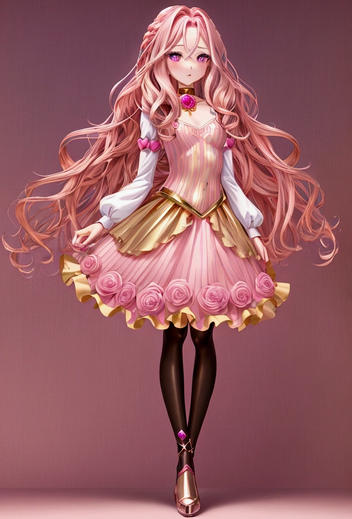 (((1girl))) with (((deep magenta eyes and long, wavy pink hair))) ((styled in an elegant frenchbraid)). (((She is slender, and with small breasts))). ((Ensure a full-body shot of her)) wearing a (((gold pink and rose gold color )))(((magical girl-themed outfit.))) (cutesexy, purinpuon pixiv, no future, a hyperrealistic , hyperrealistic , realistic , seductive (anime girl), smooth anime cg art, beautiful alluring anime , (purinpuon pixiv), ((magical girl)), (masterpiece), best quality, expressive eyes, perfect face ((Highest quality))、((8K))、(((8k wallpaper))) ((Full Body Shot: 1.5))、ultra detailed, masterpiece, best quality, solo ((purinpuon pixiv, no future)) (((purinpuon pixiv, no future)))