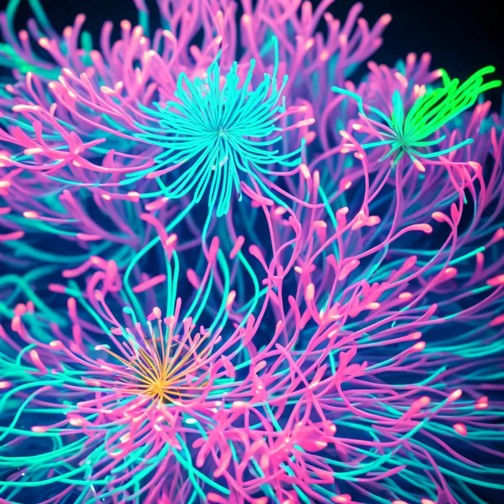 a close up of a flower with neon lights on it, radiating atomic neon corals, twirling glowing sea plants, harmony of neon glowing coral, neon color bioluminescence, neon bioluminescence, filled with bioluminescence, purple and blue neons, neon jellyfish, glowing neon flowers, purple bioluminescence