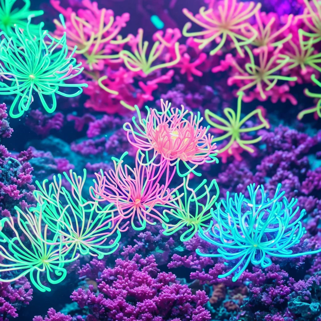 a close up of a flower with neon lights on it, radiating atomic neon corals, twirling glowing sea plants, harmony of neon glowing coral, neon color bioluminescence, neon bioluminescence, filled with bioluminescence, purple and blue neons, neon jellyfish, glowing neon flowers, purple bioluminescence