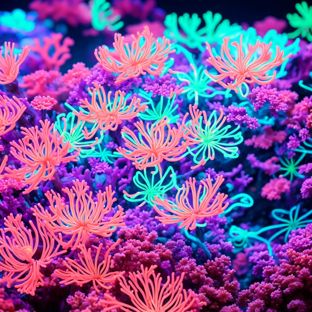 a close up of a flower with neon lights on it, radiating atomic neon corals, twirling glowing sea plants, harmony of neon glowing coral, neon color bioluminescence, neon bioluminescence, filled with bioluminescence, purple and blue neons, neon jellyfish, glowing neon flowers, purple bioluminescence