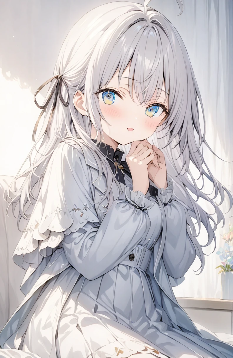(masterpiece:1.2),(anime),、girl、cute,sweets dream, A colorful world, cute, like, Highest quality, masterpiece,【Highest quality, Tabletop】 (Gray white background:1.7),alisa,hour々Arya-san next to me is whispering in Russian
