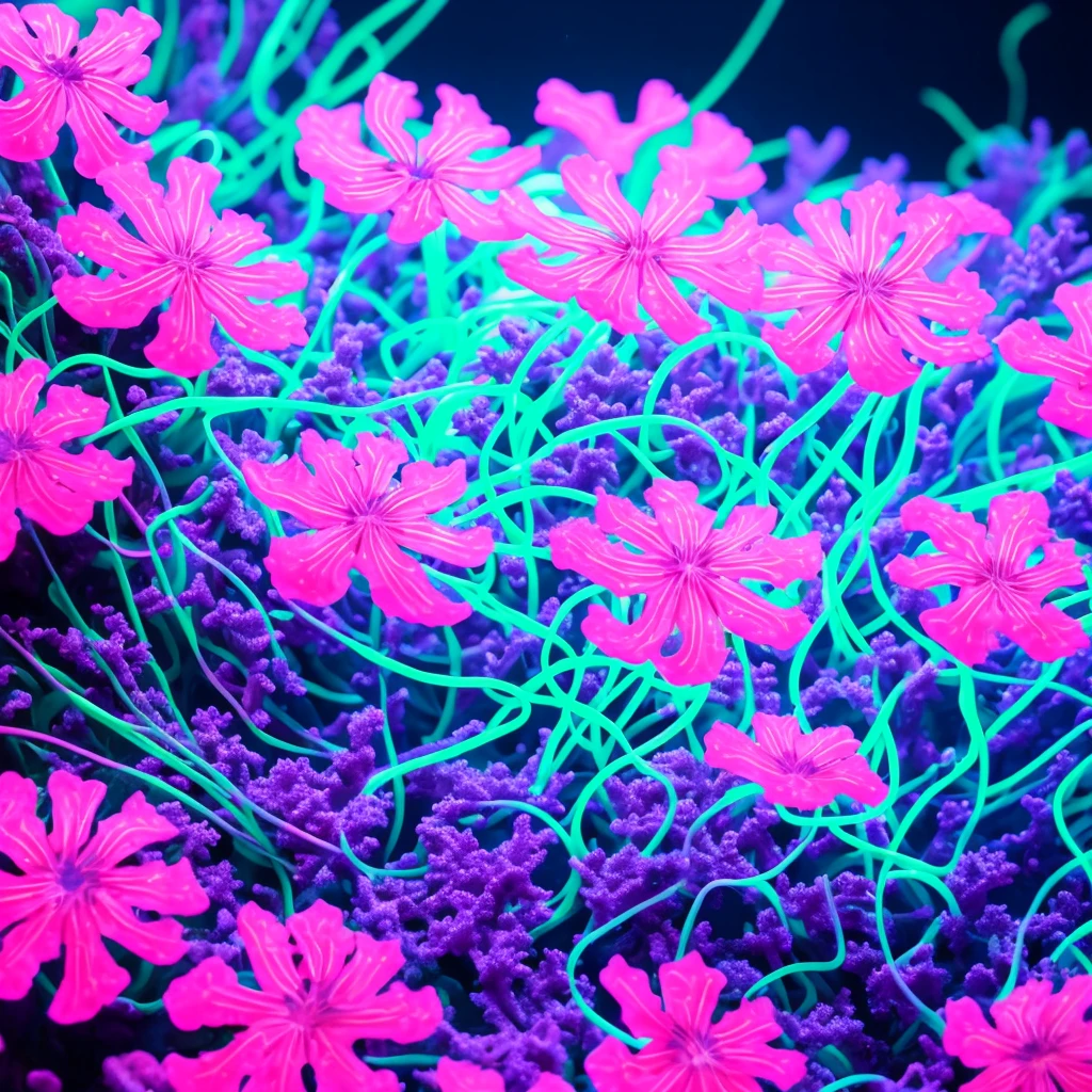 a close up of a flower with neon lights on it, radiating atomic neon corals, twirling glowing sea plants, harmony of neon glowing coral, neon color bioluminescence, neon bioluminescence, filled with bioluminescence, purple and blue neons, neon jellyfish, glowing neon flowers, purple bioluminescence