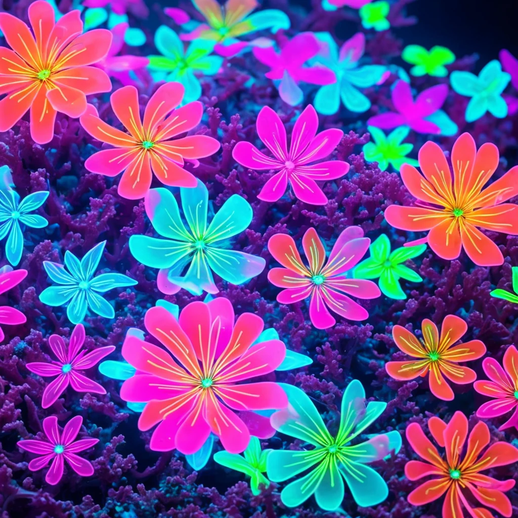a close up of a flower with neon lights on it, a digital rendering by Bruce Munro, flickr, conceptual art, radiating atomic neon corals, twirling glowing sea plants, harmony of neon glowing coral, neon color bioluminescence, neon bioluminescence, filled with bioluminescence, purple and blue neons, neon jellyfish