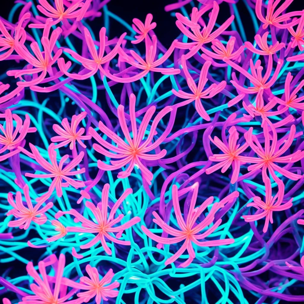 a close up of a flower with neon lights on it, a digital rendering by Bruce Munro, flickr, conceptual art, radiating atomic neon corals, twirling glowing sea plants, harmony of neon glowing coral, neon color bioluminescence, neon bioluminescence, filled with bioluminescence, purple and blue neons, neon jellyfish