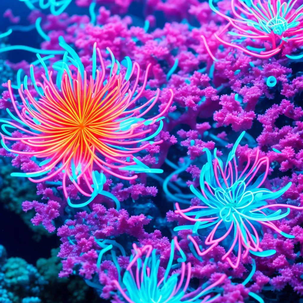 a close up of a flower with neon lights on it, radiating atomic neon corals, twirling glowing sea plants, harmony of neon glowing coral, neon color bioluminescence, neon bioluminescence, filled with bioluminescence, purple and blue neons, neon jellyfish, glowing neon flowers, purple bioluminescence