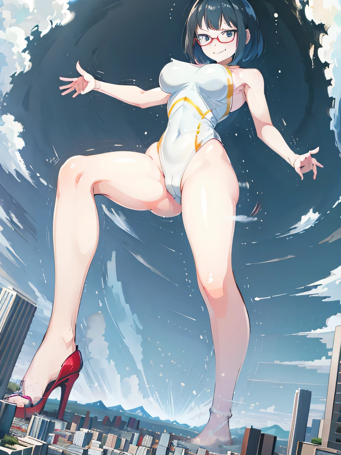 giantess art, highly detailed giantess shot, giantess, most detailed, perfect face, two legs, five fingers, short hair, beautiful girl bigger than a skyscraper, wearing rimless glasses, smiling, huge breasts, swimsuit, stiletto heels, under heavy attack, very small metropolis, miniature metropolis, full body depiction, GTS, giga giant, trampling city, crush city, tiny city, micro city, high resolution, best quality, masterpiece,