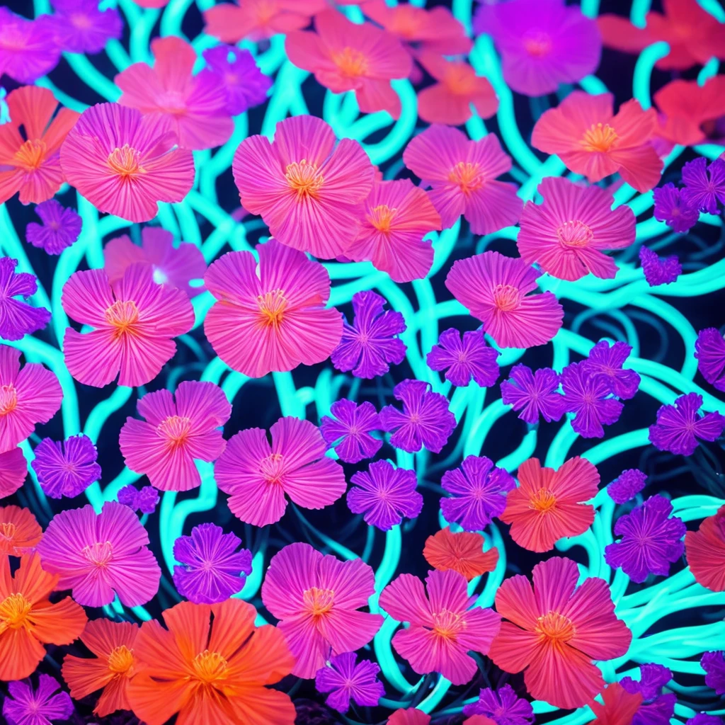 a close up of a flower with neon lights on it, radiating atomic neon corals, twirling glowing sea plants, harmony of neon glowing coral, neon color bioluminescence, neon bioluminescence, filled with bioluminescence, purple and blue neons, neon jellyfish, glowing neon flowers, purple bioluminescence