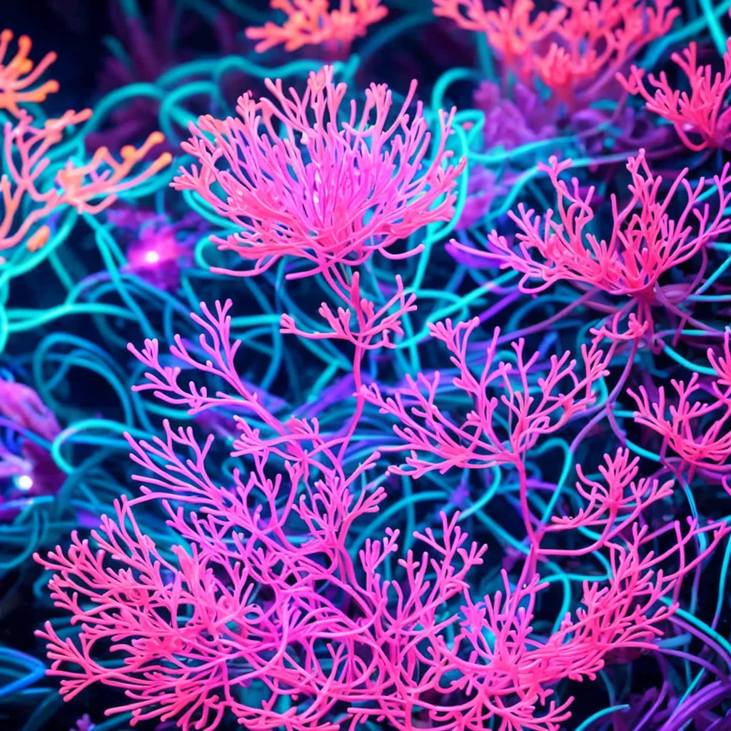 a close up of a flower with neon lights on it, radiating atomic neon corals, twirling glowing sea plants, harmony of neon glowing coral, neon color bioluminescence, neon bioluminescence, filled with bioluminescence, purple and blue neons, neon jellyfish, glowing neon flowers, purple bioluminescence