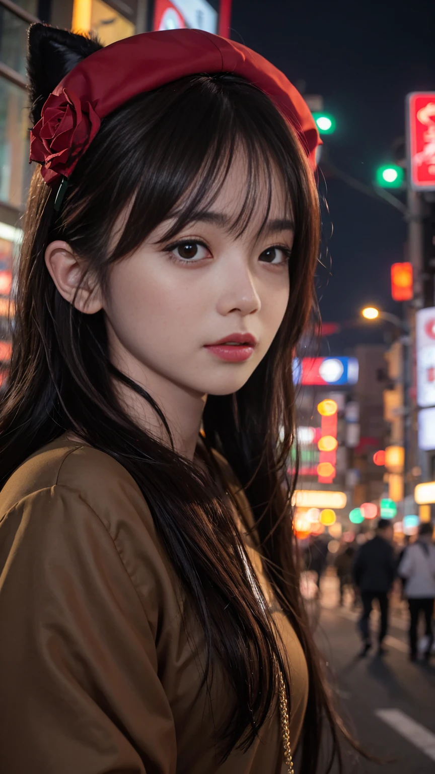 1 girl, Tokyo Street,night, Cityscape,City lights, Upper Body,close, 8k, RAW Photos, Highest quality, masterpiece,Realistic, photo-Realistic,Red rose headgear, Parted bangs, Long Hair,