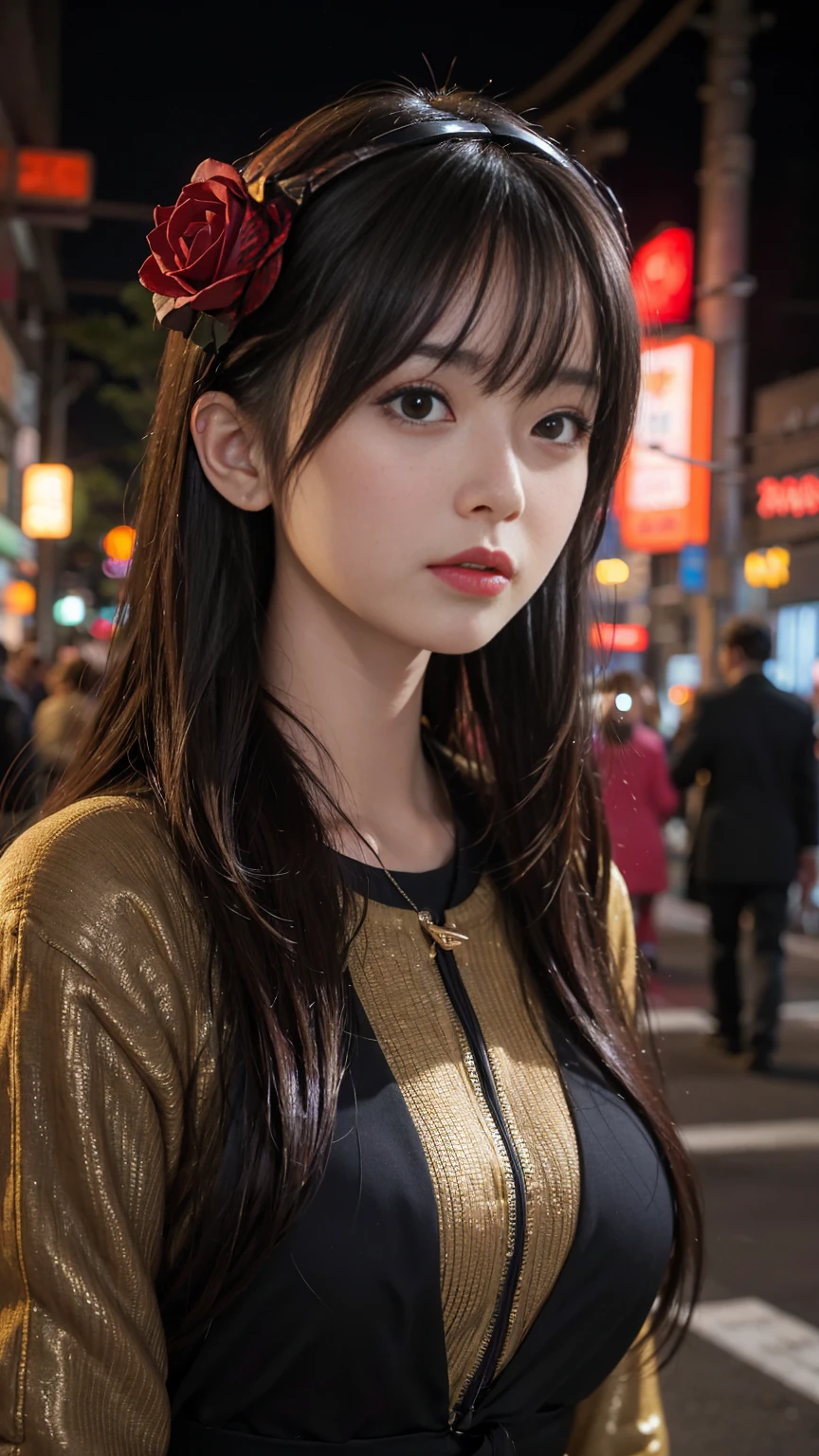 1 girl, Tokyo Street,night, Cityscape,City lights, Upper Body,close, 8k, RAW Photos, Highest quality, masterpiece,Realistic, photo-Realistic,Red rose headgear, Parted bangs, Long Hair,