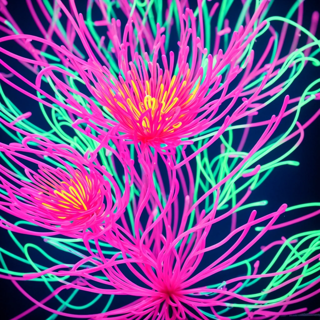 a close up of a flower with neon lights on it, a digital rendering by Bruce Munro, flickr, conceptual art, radiating atomic neon corals, twirling glowing sea plants, harmony of neon glowing coral, neon color bioluminescence, neon bioluminescence, filled with bioluminescence, purple and blue neons, neon jellyfish